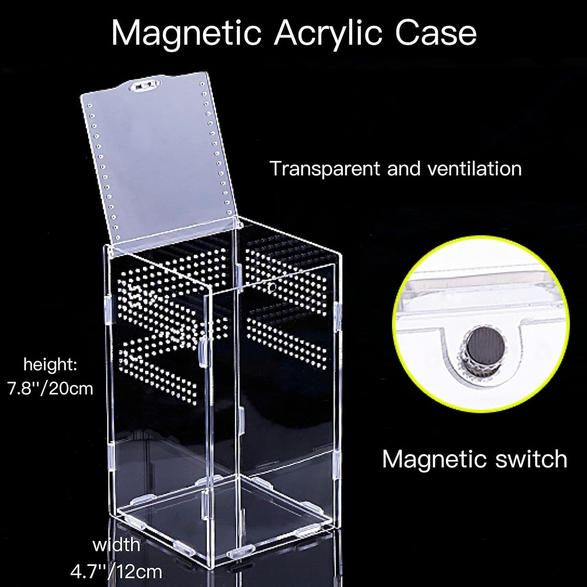 Magnetic Acrylic Case, micro habitat small Tarantula Enclosure enclosure for arboreal Tarantula Scorpion Sling Lizards Mantis Snake Gecko jumping spider snail Insect Isopods (4.7*4.7*7.8 inch)