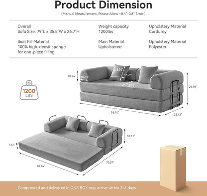 Convertible Sleeper Sofa Bed, Sleeper Sofa with Pillow | Corduroy Fabric | High-Density Sponge | Fixed-Shape Frame, Modular Sofa Bed for Living Room Lounge Studio (Light Grey)