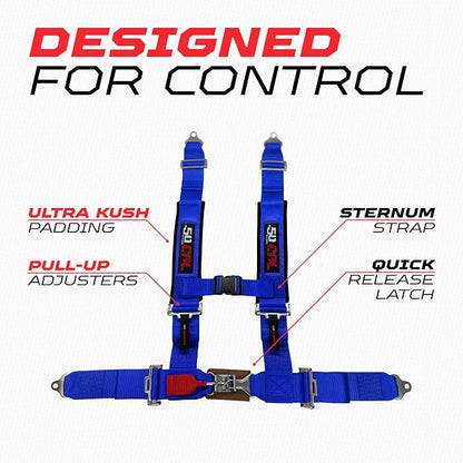 1pc 50 Cal Blue 4 Point Harness 2" straps, Racing Harness Seat Belt | Ultra Kush padding, Push Button quick release hardware. Universal Fit for UTV, RZR, race car