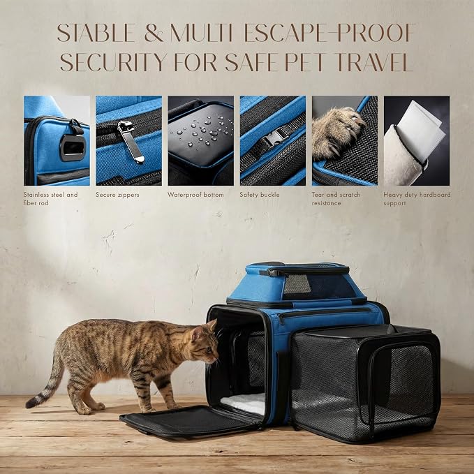 Top-Side Expandable Pet Carrier, Treat Window,18x13x9.5 Airline Approved | for Southwest Frontier,Soft-Sided Cat Carrier, Anti-Scratch Mesh, Lockable Zippers,Dog Carrier for Kitten,Rabbit,Puppy, Blue