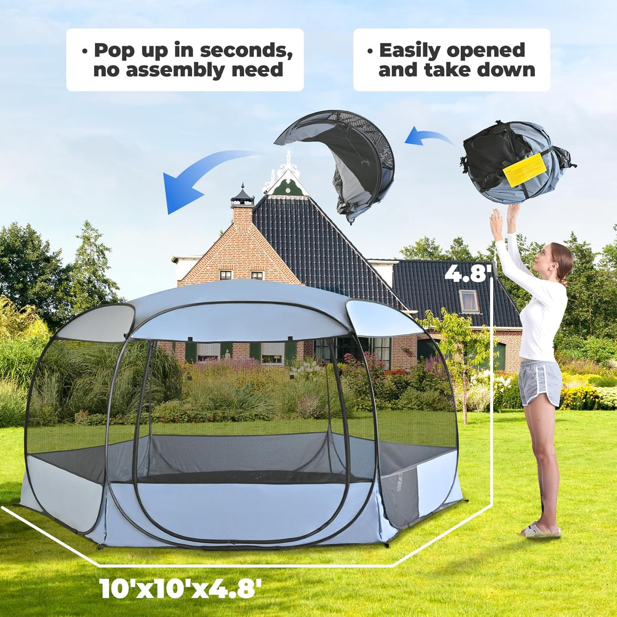 XXLarge Popup Portable Dog Houses, 10'x4.8'H Assembly-Free Gazebo-Style Kennel Dog Playpen Pet Screen Tent Sun Shade Shelter, Dog Crates Canopy for Travel Camping Anti-Bugs with Leakproof Bottom