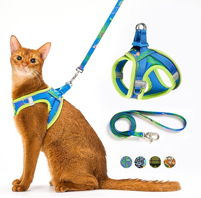 Cat Harness and Leash Set, Step-in Escape Proof Adjustable Vest Harness for Small Medium Large Cats, Lightweight Soft Breathable Reflective Kitten Harness for Walking Travel, Camping(Hawaii Green, M)
