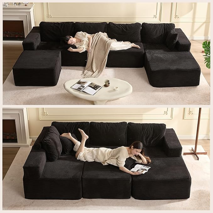 138" Boneless Couch with Deep Seat, Modular Sectional Sofa, Cloud Sectional Couch for Living Room, No Assembly Required, Corduroy, U-Shape 4 Seater Right, Black