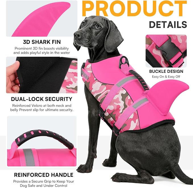 Dog Life Jacket Ripstop Dog Shark Safety Vest Adjustable Preserver with High Buoyancy and Durable Rescue Handle for Small,Medium,Large Dogs, Pink Camouflage Large