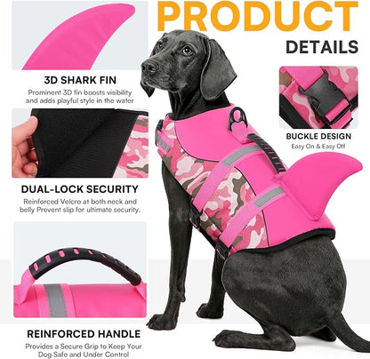 Dog Life Jacket Ripstop Dog Shark Safety Vest Adjustable Preserver with High Buoyancy and Durable Rescue Handle for Small,Medium,Large Dogs, Pink Camouflage Large
