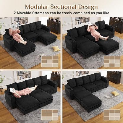 110" W x 60" D U Shape Sectional Sofa with USB Charging & Cup Holder & Storage, 5 Seater Plush Corduroy Couches with Movable Ottoman, Cloud Couch Sofas for Living Room, DIY Combination - Black