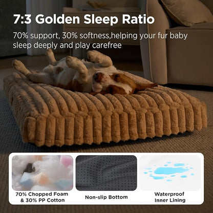 Bedsure ComfyFleece™ Fluffy Balanced Support Large Dog Bed for Crate,35x22 | Golden Ratio Chopped Foam & PP Cotton, Home Decor,Waterproof Liner, Removable Washable Cover, Nonslip Bottom,Sandy Beige