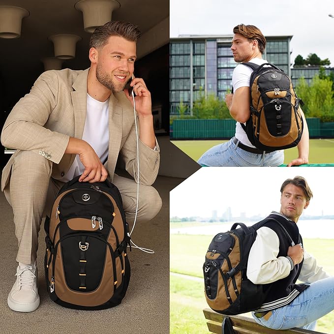 Swissdigital Design Laptop Backpack with USB Charging Port, Travel Backpack Fits 15.6 inches Computer, 31L College School Backpack for Men, Tan/Black | SD803-34