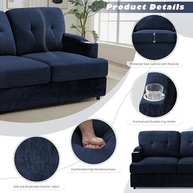 89" Chenille Modern Sofa with Cup Holder, Tufted Upholstered Couch with Thickened Cushions, Comfy 3 Seater Sofa with Deeper Seat for Living Room, Apartment,Blue