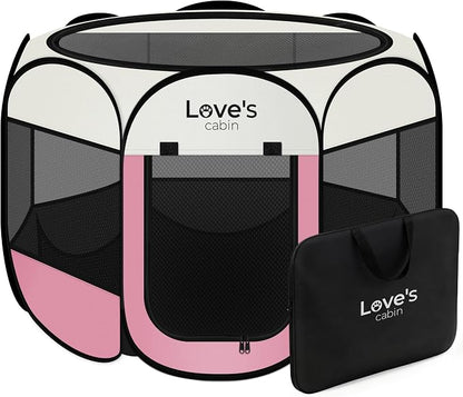Love's cabin Pet Puppy Dog Playpen, Small Dog Tent Crates Cage Indoor/Outdoor, Portable Playpen for Cat, Foldable Pop Up Dog Kennel Playpen with Carring Case, Removable Zipper Top, Light Pink