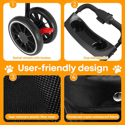 Pet Stroller,Dog Stroller for Small Medium Dogs Cats,3 Wheels,Foldable,with Breathable Mesh Canopy,Cup Holders,Easy Assembly,Black