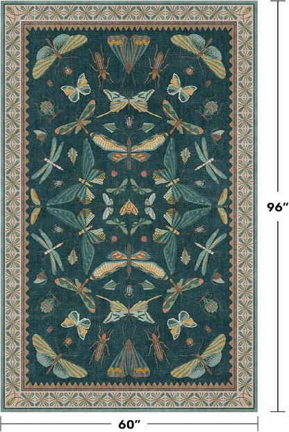Insect Blue Green Living Room Rug 5x8 - Washable Area Rug for Bedroom, Dining Room, Kids Playroom, Home Office, Boho Butterfly Non Slip Stan Resistant