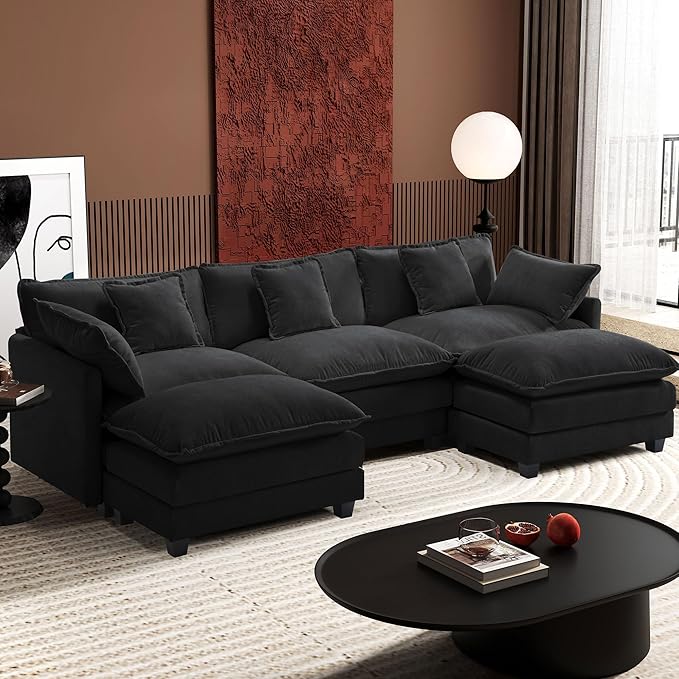 Ihanherry U-Shaped Modern Sofa 111.4" Modular Sectional Cloud Couch with 2 Ottoman, 5-Seat Chenille Deep Seat Sofa with 5 Pillows for Living Room, Black