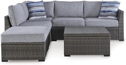 Signature Design by Ashley Petal Road Casual Nuvella Weather Resistant Fabric, Cushioned Outdoor Loveseat Sectional/Ottoman/Table Set with 2 Throw Pillows, Set of 4, Gray
