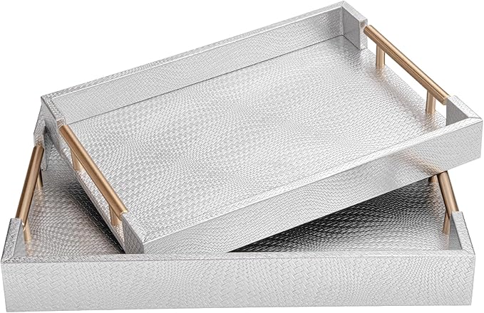 2 Piece Woven Leather Ottoman Tray with Gold Handles, Perfect Rectangular Serving Tray for Living Room, Coffee Table Tray as Thoughtful Gift for Home Decor Enthusiasts (Sliver)