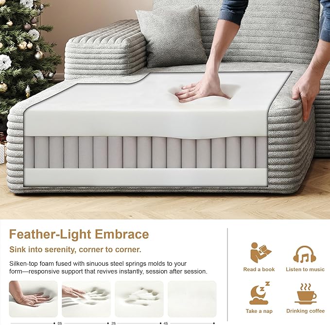 108" Sectional Couches for Living Room Modern Modular Sofa with L-Shape Couchs Upholstered Boneless Couch Deep Seat Sectional Couch with Chaise (Grey, Left Facing Chaise+2Seaters+1Ottoman)