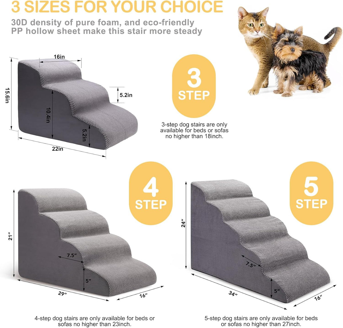 Dog Stairs for Bed and Couch, Non-Slip 5-Step Pet Stairs, 24" High Sofa Foam Dog Ramp - Best for Small Pets, Dogs and Cats with Joint Pain