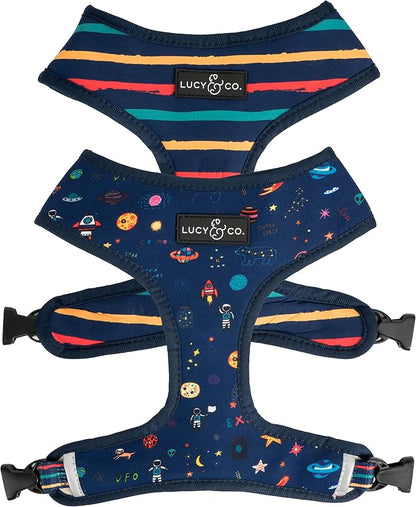 Lucy & Co. Reversible Dog Harness - Water-Repellent Neoprene, Dual-Print Design, Easy Swap Style, Adjustable Comfort Fit - Space Doodle Reversible Harness - X-Small
