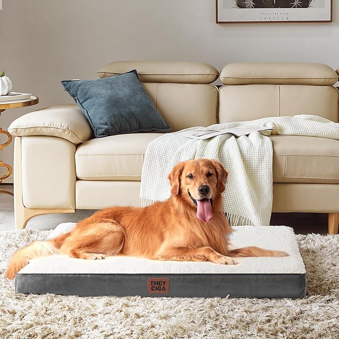EHEYCIGA Orthopedic Dog Bed Large with Removable Washable Cover, 50IN Beige | Egg Crate Foam Support, Durable Oxford fabric, Non-Slip Bottom, Machine Washable, Soft Waterproof Plush Pet Bed Mat For Crate