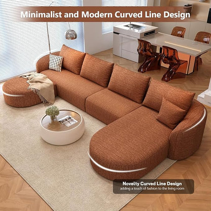 138.6" Modular Sectional Couches Luxury Modern Curved Back U-Shape Sofa Set with Ottoman,Minimalist Comfy Boneless Cloud Couch for Living Room Apartment,(Right Facing Chaise,Orange)