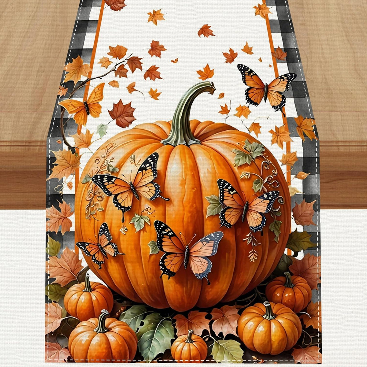 Linen Black and White Buffalo Check Plaid Fall Table Runner 72 Inches Long, Fall Leaves Pumpkin Butterfly Home Kitchen Table Decor, Farmhouse Autumn Thanksgiving Harvest Festival Decorations for Home