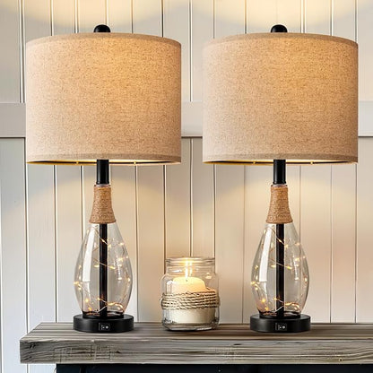 OYEARS 23" Table Lamps for Living Room Set of 2 Bedside Lamps for Night Stands Bedroom Lamps Farmhouse Rattan Boho Lamp Glass Nightlight End Table Lamp with USB C+A (Black),Two Light Points
