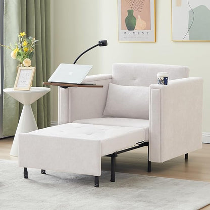 ORRD Pull Out Sofa Chair Bed, 2-in-1 Multi-Functional Sleeper Couch Small Loveseat Bed with Hidden Side Table, Phone Holder and Cup Holder for Living Room, Small Space, Apartment (White)