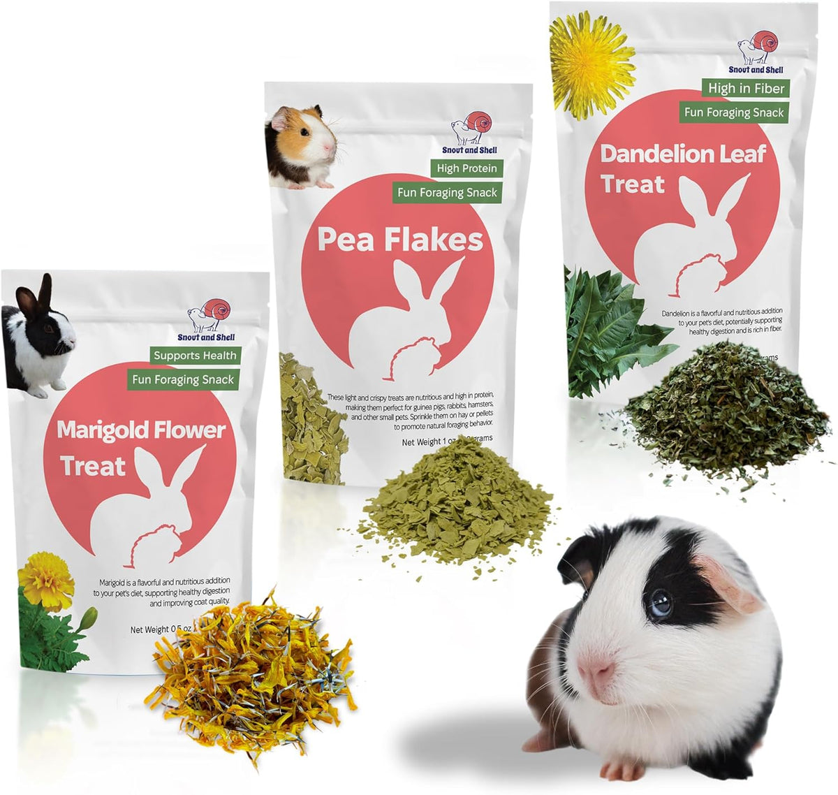 Snout and Shell Small Animal Treats – Pea Flakes, Dandelion Leaf (1oz), Marigold Flowers (0.5oz) – Natural Foraging Snacks for Rabbits, Guinea Pigs, Chinchillas, Hamsters & More