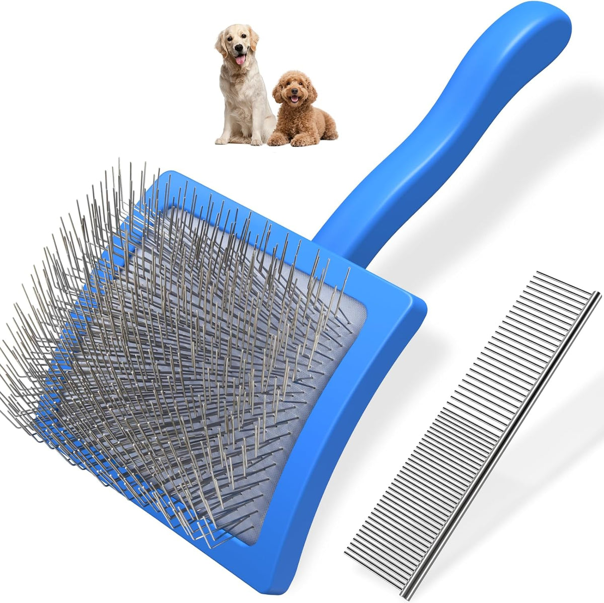 2PCS Slicker Brush for Dogs & Pet Comb,Professional Dog Grooming Brush (Goldendoodles,Poodles,Labradoodles) with Extra Long Pins to Effectively Remove Tangles, Knots and Mats (Blue)