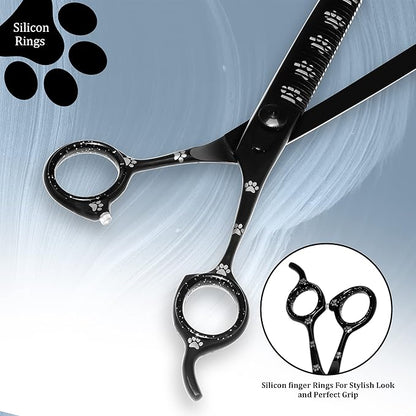 Professional Dog Grooming Thinning Scissors/Blender Shears with Paw Prints for Dogs, Cats & Pets (Right Handed, Black, Stainless Steel 8 Inch)