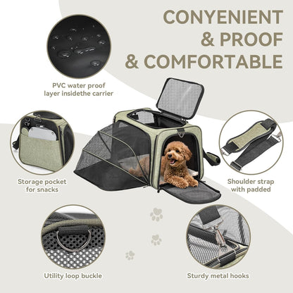 Petsfit Expandable Cat Dog Carrier Airline Approved, 17" L x 11" W x 11" H Soft-Sided Portable Pet Travel Carrier for Kitten, Puppy, Removable Soft Plush Mat and Pockets, Auto-Locking Zippers