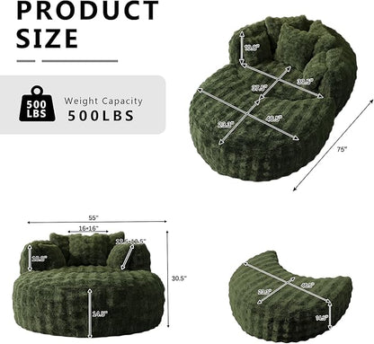 Oversized Chaise Lounge Chair Indoor with Ottoman 55" W x 75" L Round Reading Chair Plush Faux Fur Corduroy Cloud Circle Boneless Chair with 5 Pillows for Living Room - Green