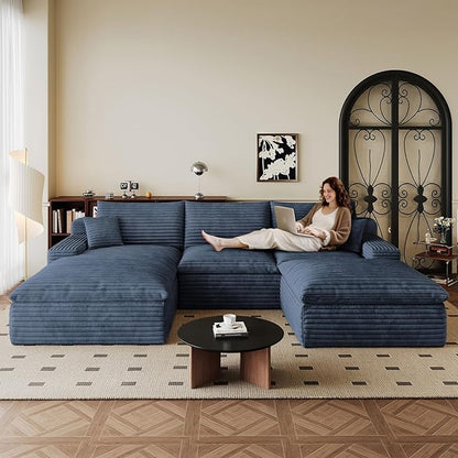 107" Cloud Sectional Couch U-Shaped Chaise with Ottoman, Corduroy Boneless Couch for Living Room Bedroom, Deep-Seat Upholstered Modular Cloud Sofa, No Assembly Required (Blue, Left Facing Chaise)