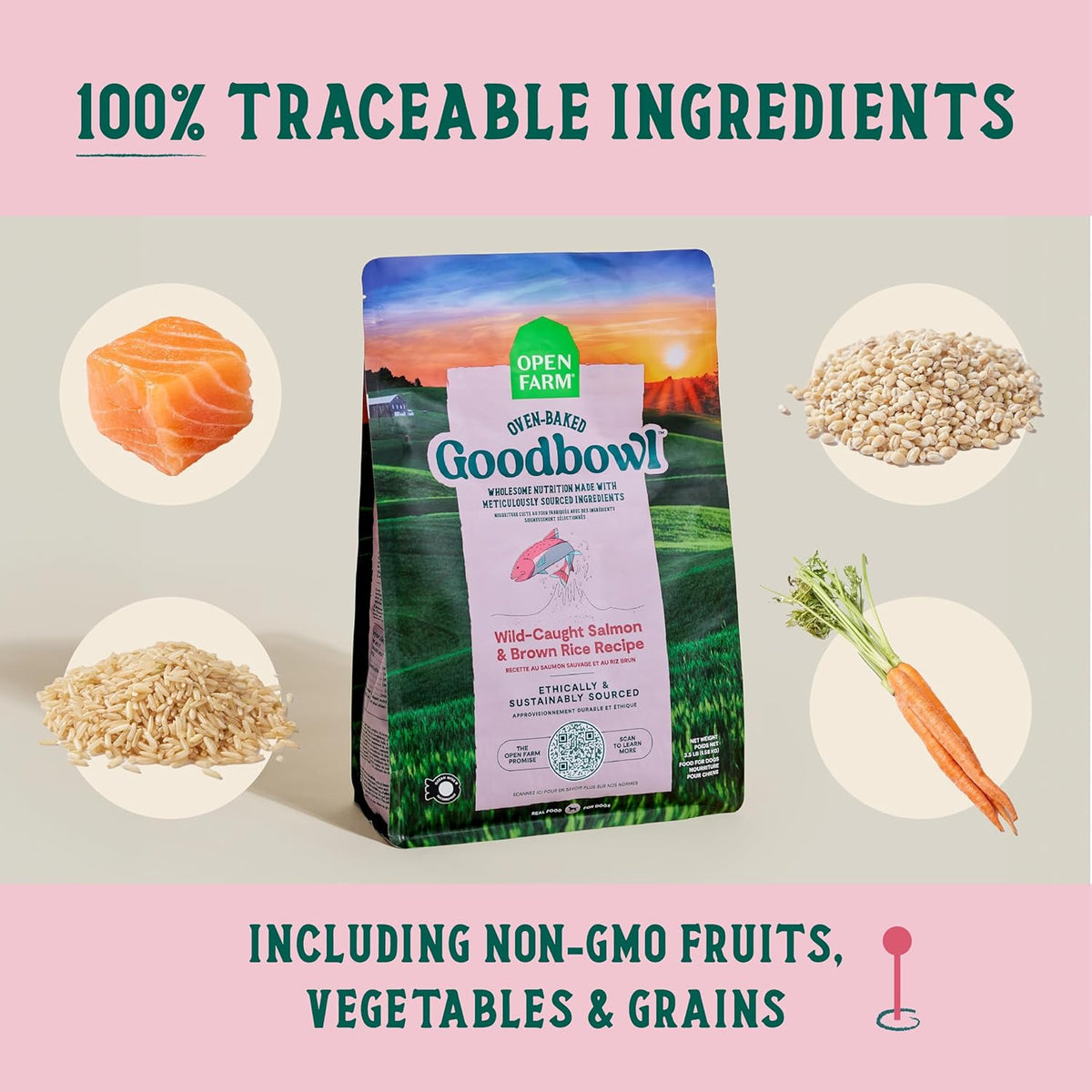Open Farm Goodbowl, Oven-Baked Small Batch Dry Dog Food - Wild Caught Salmon & Brown Rice Recipe, Includes Non-GMO Produce & Grains, 3.5lb Bag (56oz Bag)