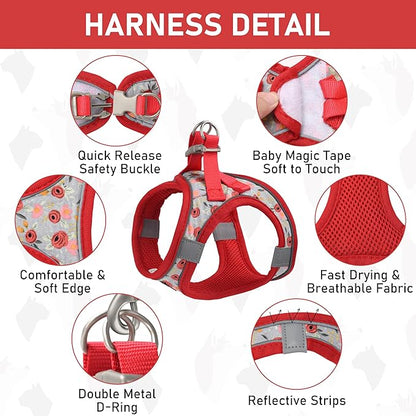 GAMUDA Small Dog Harness Collar and Leash Set, Step in No Chock No Pull Soft Mesh Adjustable Dog Vest Harnesses Plaid Reflective for Dogs Puppy Cats Kitten Rabbit (Red Flower, XL)
