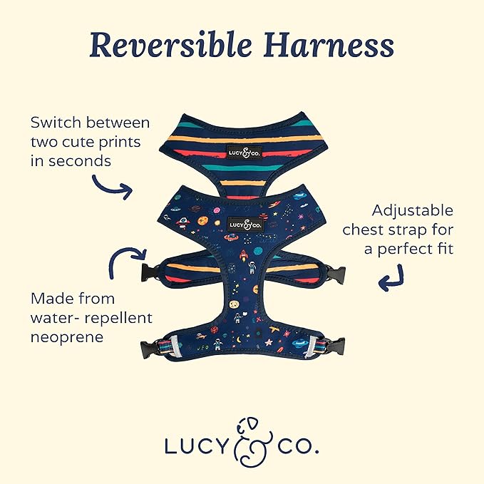 Lucy & Co. Reversible Dog Harness - Water-Repellent Neoprene, Dual-Print Design, Easy Swap Style, Adjustable Comfort Fit - Space Doodle Reversible Harness - X-Large