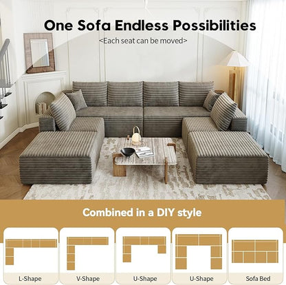139.4" Modular Sectional Sofa Couch, Oversized U-Shaped Minimalist Couches with 2 Ottomans Chaise and 2 Middle Seats, Modern Deep Seat Cloud Plush Corduroy Sofas Set for Living Room, 8 Seater, Camel