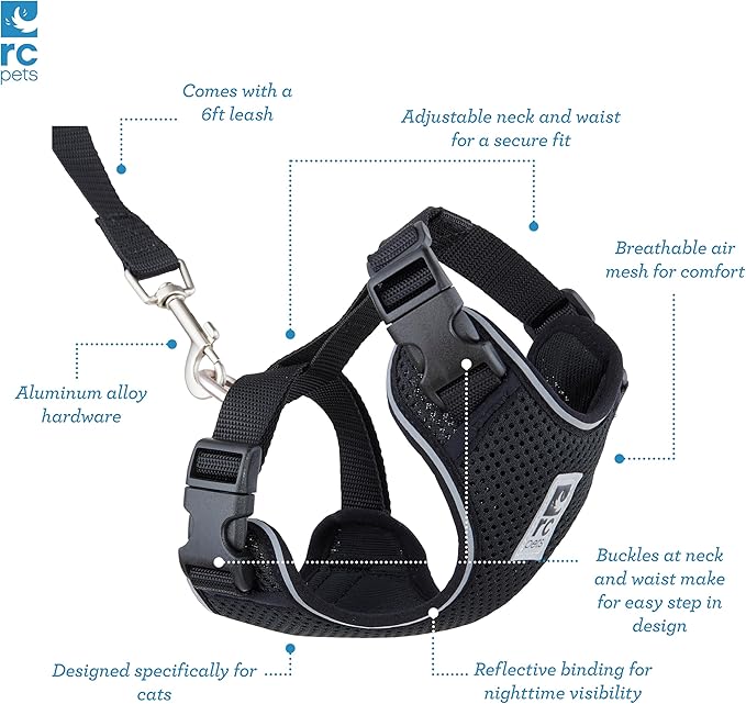 RC Pets Adventure Kitty Cat Harness | Adjustable Airmesh Vest with D-Ring and 6ft Leash for Walking and Travel | Black, Large