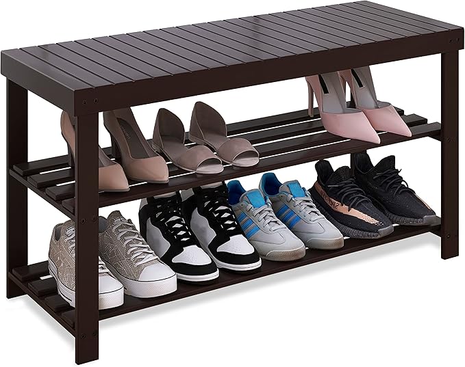SMIBUY Sturdy Bamboo Shoe Rack Bench, 3-Tier Shoe Organizer, Storage Shelf for Entryway Hallway Bathroom Living Room (Dark Brown)