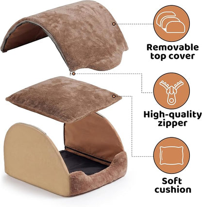 LATIBELL Indoor Puppy House Foldable Pet Tent Cave Bed ，Brown | Covered Cave Bed, For Small Dogs and Cats, Removable Washable Puppy Kennel, Soft Cushion