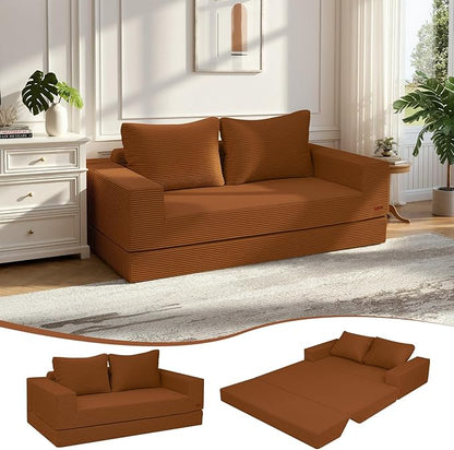 COMAX Convertible Sofa Bed Queen, Corduroy Folding Floor Couch Pull Out Couch Bed Futon Sleeper with Pillows, Fold Out Boneless Sofa Comfy Lounge Mattress Loveseat for Living Room Bedroom, Orange