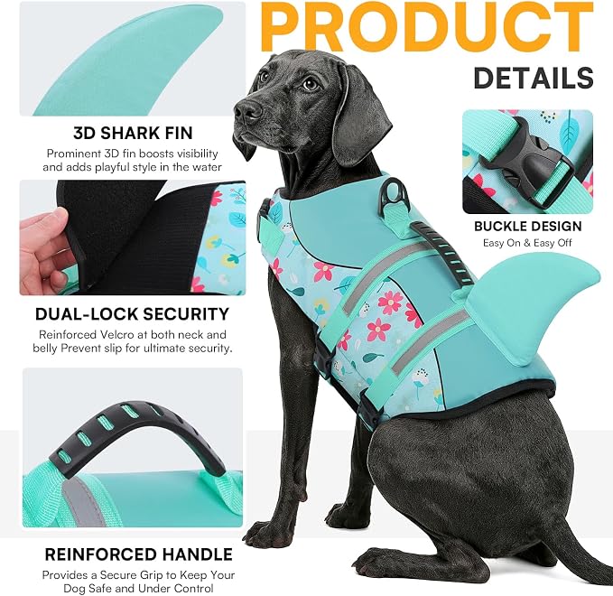 Dog Life Jacket, Dog Life Vest for Swimming, Doggie Shark Swimming Vest with Rescue Handle, Adjustable Reflective Pet Lifesaver Preserver for Small Dogs, Blue Flower S