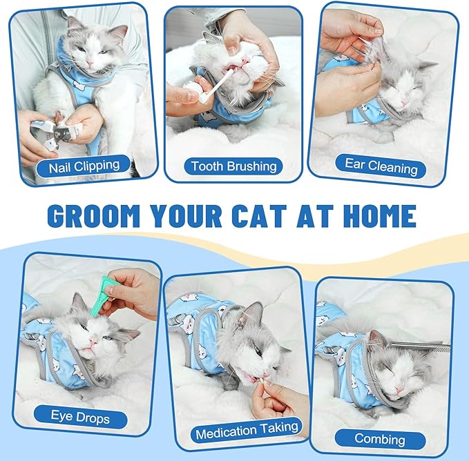 Supet Cat Grooming Hammock, Self-Adherent Cat Wrap for Cutting Nails, Anti-Escape Calming Wrap for Medicine, Nail Clipping, Teeth Brushing, Ear Cleaning