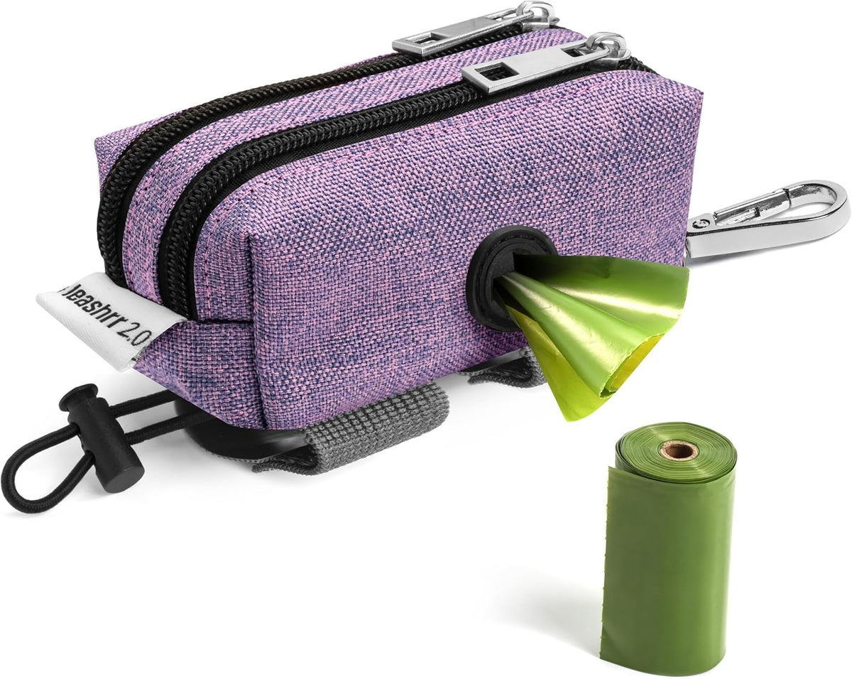 Dog Poop Bag Holder for Leashes - Dog Poop Bag Dispenser and Treat Holder with 2 Waterproof Pouches for Pet Waste Bags and Walking Accessories + 1 Free Roll (Purple)