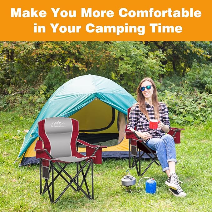 SAILARY 2PCS Folding Camping Chair Portable Outdoor Heavy Duty Padded Chairs Lawn Chair with Cup Holder, Storage Pocket and Cooler Bag, Supports 450LBS Red