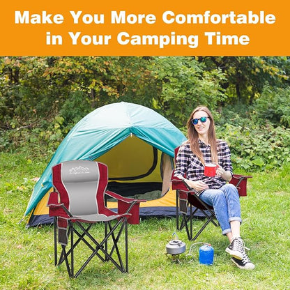 SAILARY 2PCS Folding Camping Chair Portable Outdoor Heavy Duty Padded Chairs Lawn Chair with Cup Holder, Storage Pocket and Cooler Bag, Supports 450LBS Red