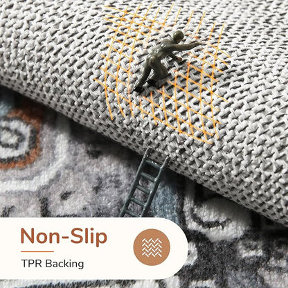 OPPODREAM Thin 6x9 Area Rugs, Washable Rug 6x9 with Non Slip Backing, Faux Cashmere Low-Pile 6 x 9 Carpet, Grey & Teal & Yellow