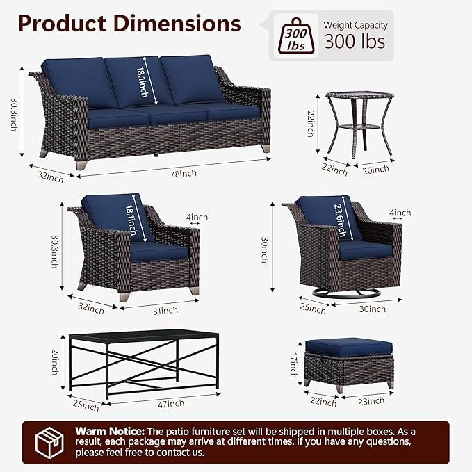 9 Pieces Wicker Patio Furniture, Luxury Outdoor Furniture with 2 Patio Swivel Chair, 2 Chair, 3-Seater Sofa, 2 Ottoman, 1 Coffee Table and 1 Side Table, Wide Armrest, Thickened Cushions