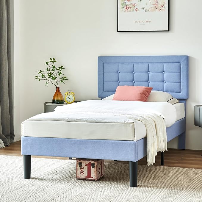 VECELO Twin Size Bed Frame with Adjustable Headboard, Upholstered Button Tufted Platform Bedframe with Wood Slats Support, No Box Spring Needed, Light Blue