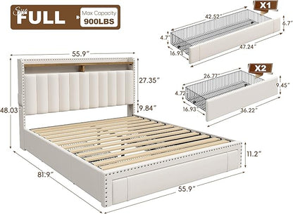 EnHomee Full Size Bed Frame, Upholstered Full Bed Frame with 3 Storage Drawers & 2-Tier Headboard Shelves, 900LBS Heavy Duty, No Box Spring Needed, Easy Assembly, Beige